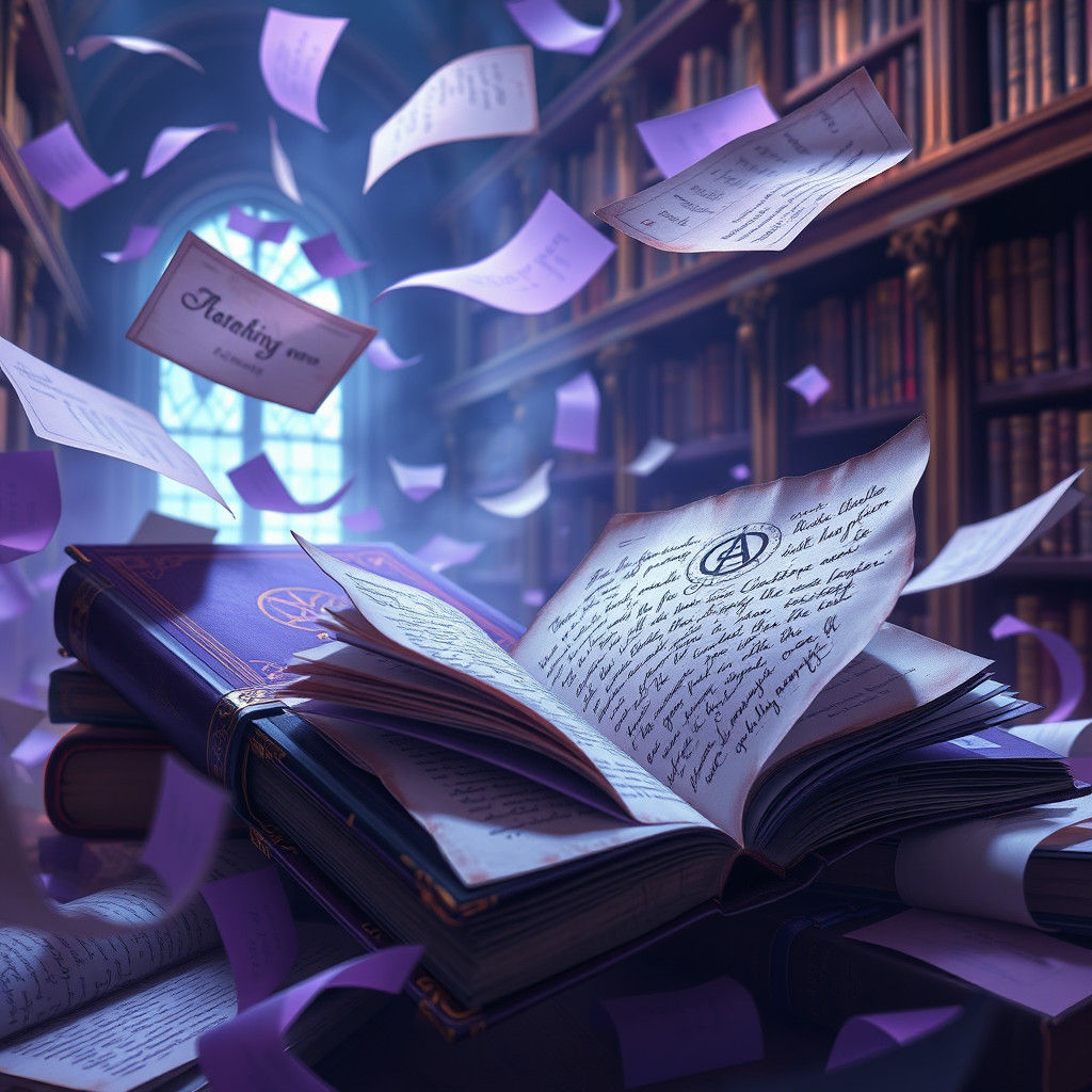 Mystical Library with Flying Purple Papers