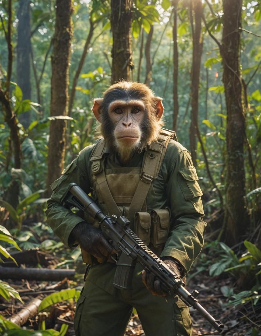 Monkey Soldier in Jungle Battle: Cinematic Film Still