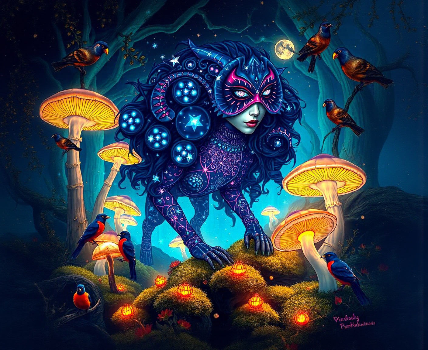 Bioluminescent Star Woman in Enchanted Forest
