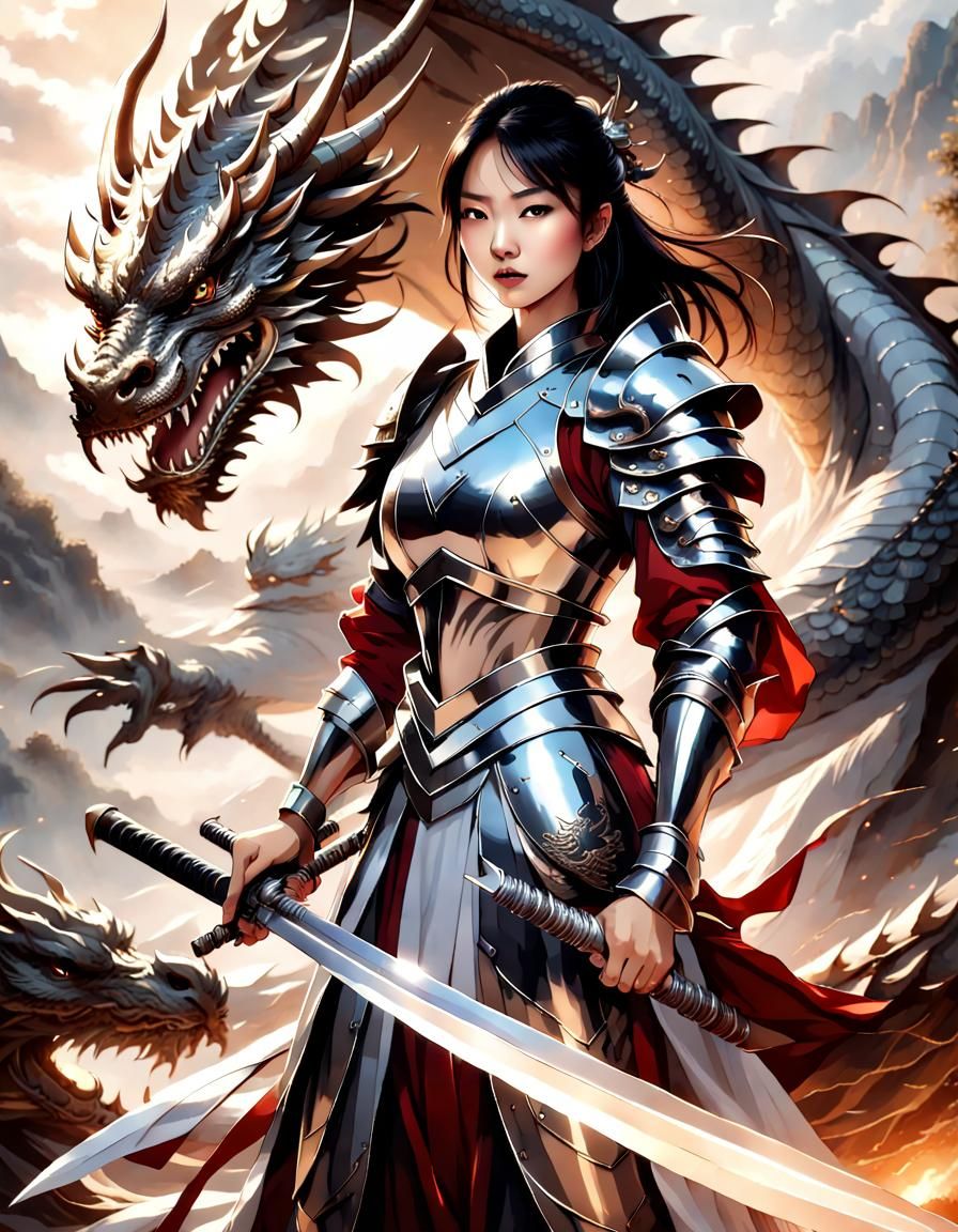 Asian Woman Warrior with Dragon