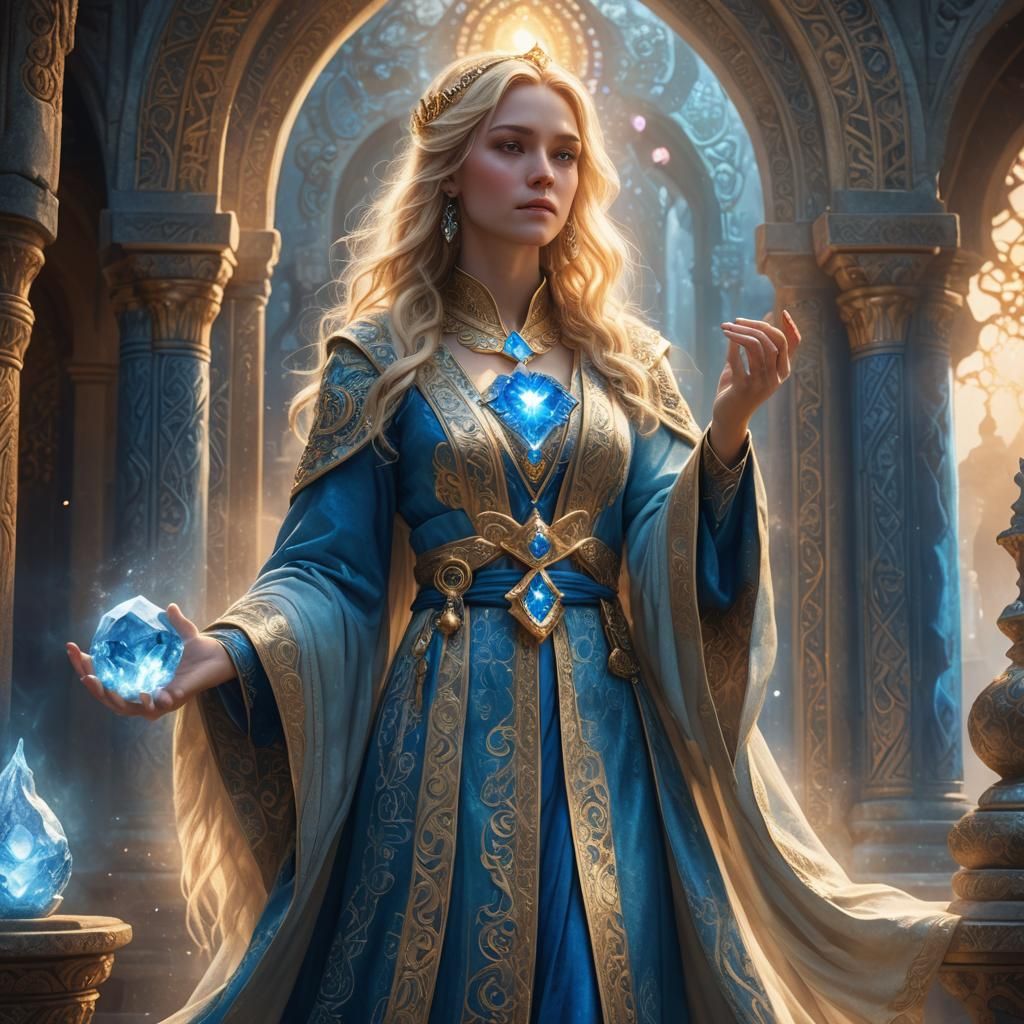 Mystical Temple Priestess with Glowing Crystal Heart