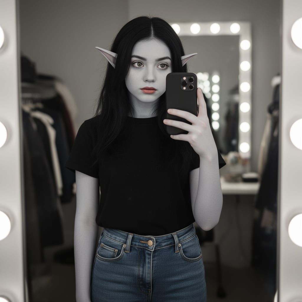 Dark Elf Girl Takes Professional Selfie in Mirror