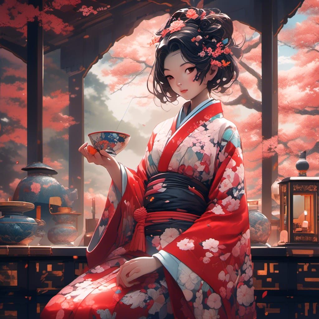 Geisha in Ornate Latex Kimono, Hyperrealistic HDR