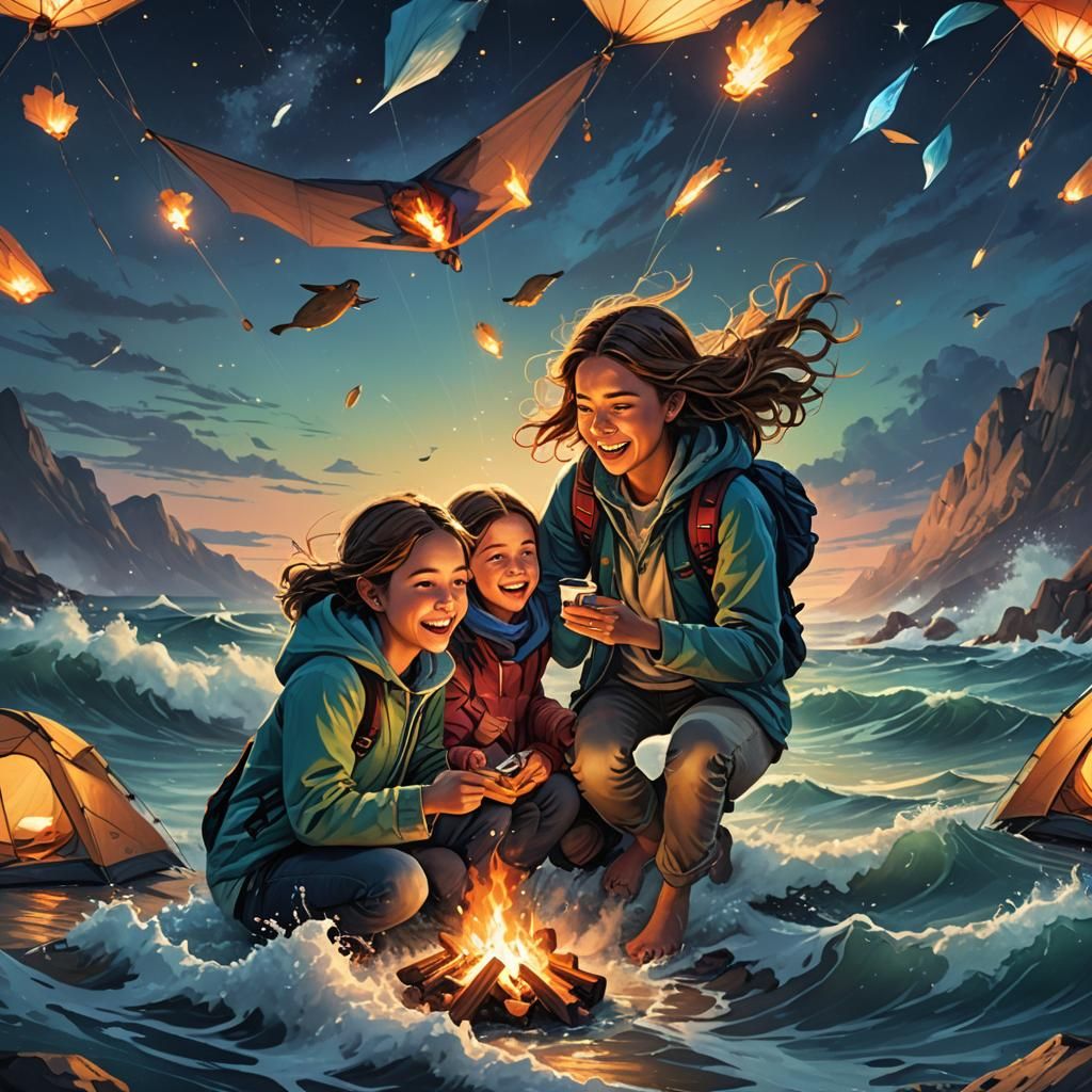 Hyperrealistic Ocean Camping Scene with Siblings