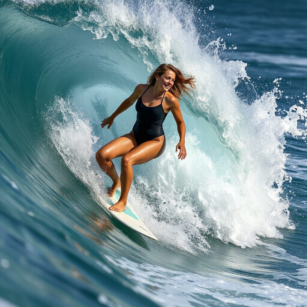 Surfing Woman Rides Wave in Digital Art Style