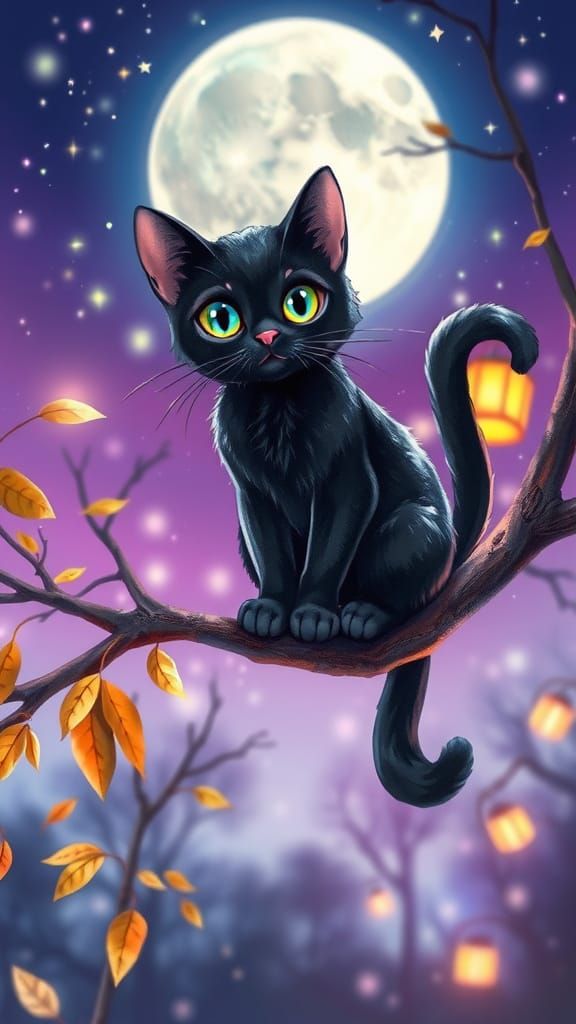 Enchanting Night Scene With Black Cat