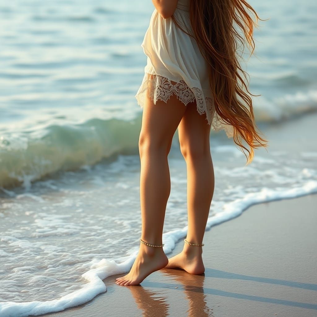 Ethereal Woman at Ocean's Edge: Dreamlike Beach Scene