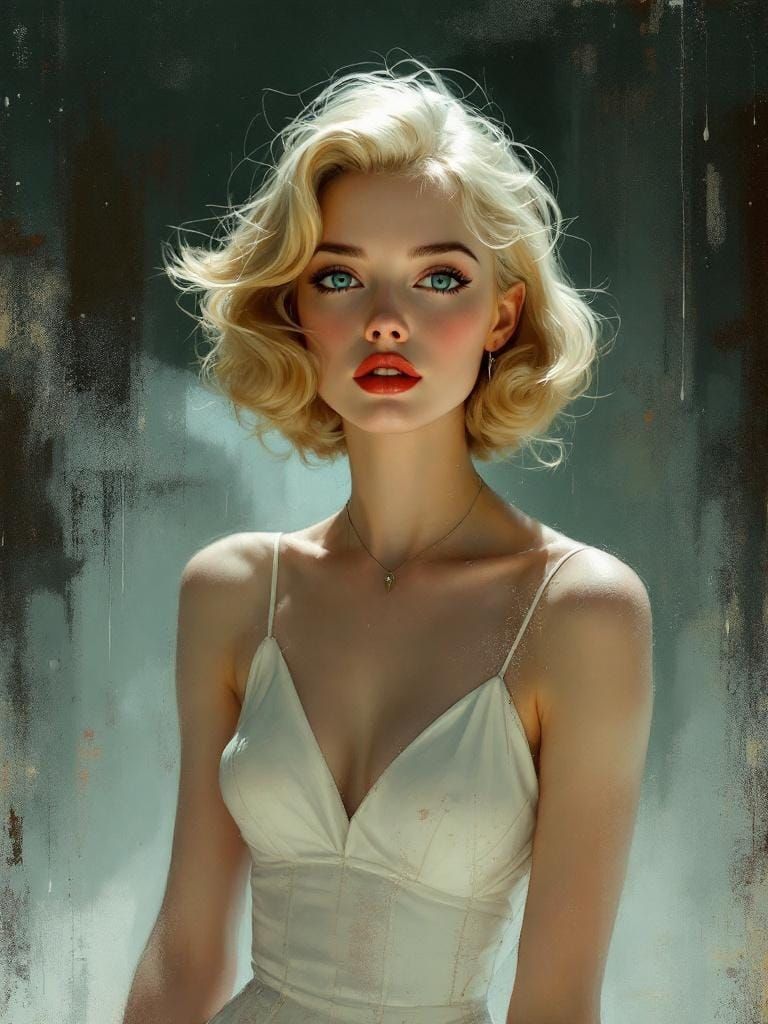 Melancholic 1950s Pin-Up in Digital Atmospheric Haze