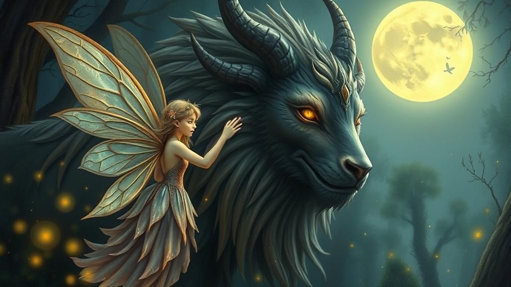 Enchanted Fairy and Moonlit Beast in Mystical Forest