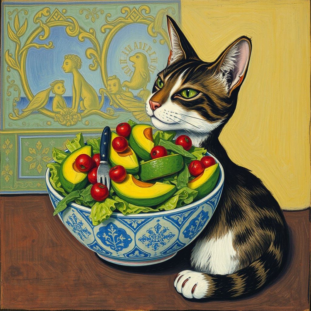 Cat Eating Avocado Salad in Bilibin and Kokoschka Style