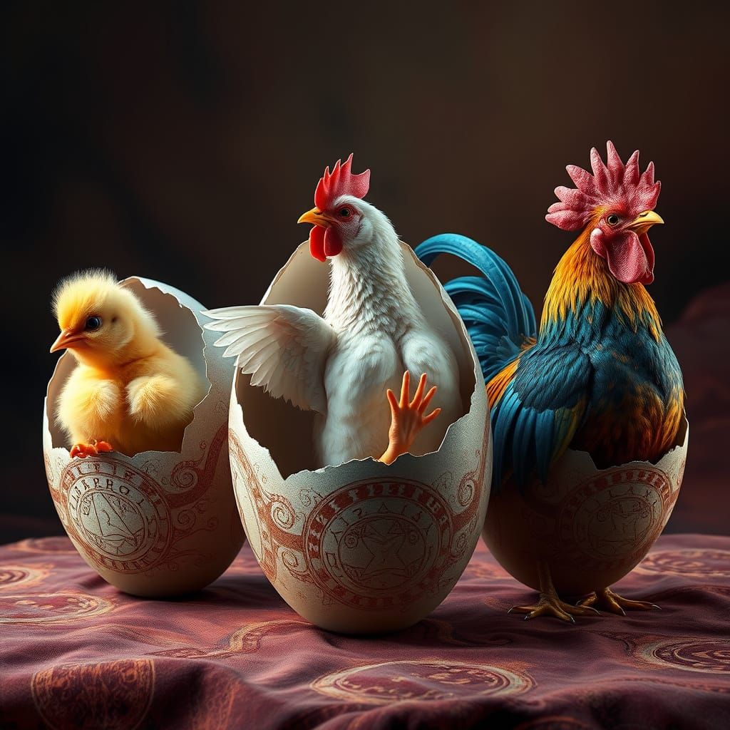 Eggshells Transform into a Chick, Chicken, and Rooster in a ...