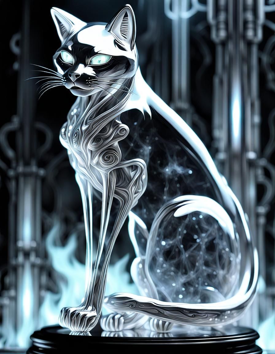 Ethereal Crystal Neko Emerges from Smoky Veil