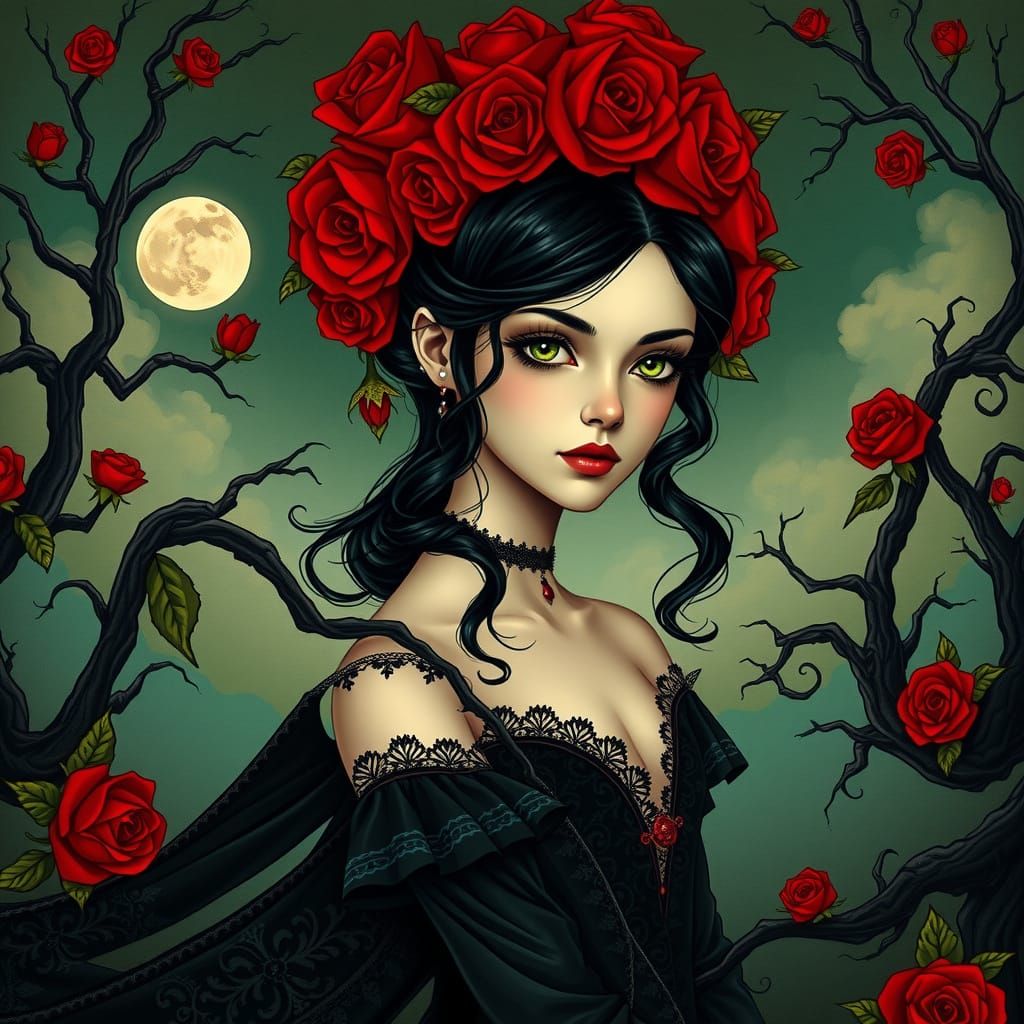 Ethereal Victorian Gothic Goddess in Crimson Rose Halo