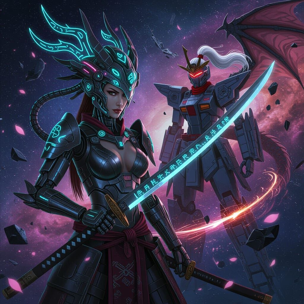 Cyberpunk Cyborg Warrior with Dragon Arm and Cosmic Katana