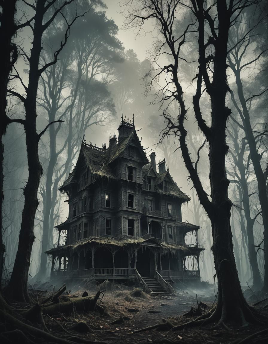 Spooky Haunted House in Dark Forest Silhouette