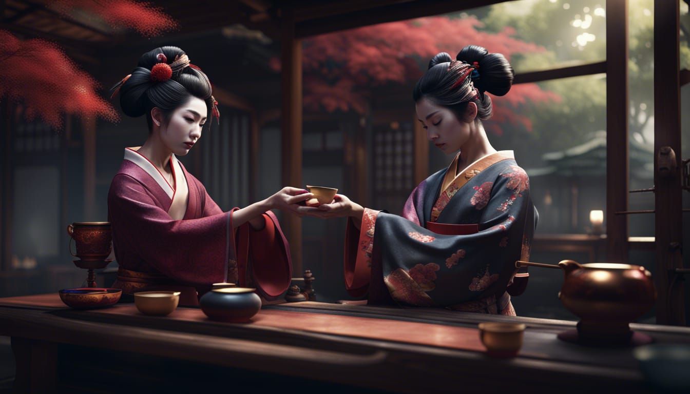 Detailed Japanese Geisha Tea Ceremony: Fantasy Concept Art