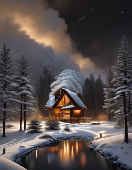 Nestled in a thick blanket of snow, a small cabin emits a wa...