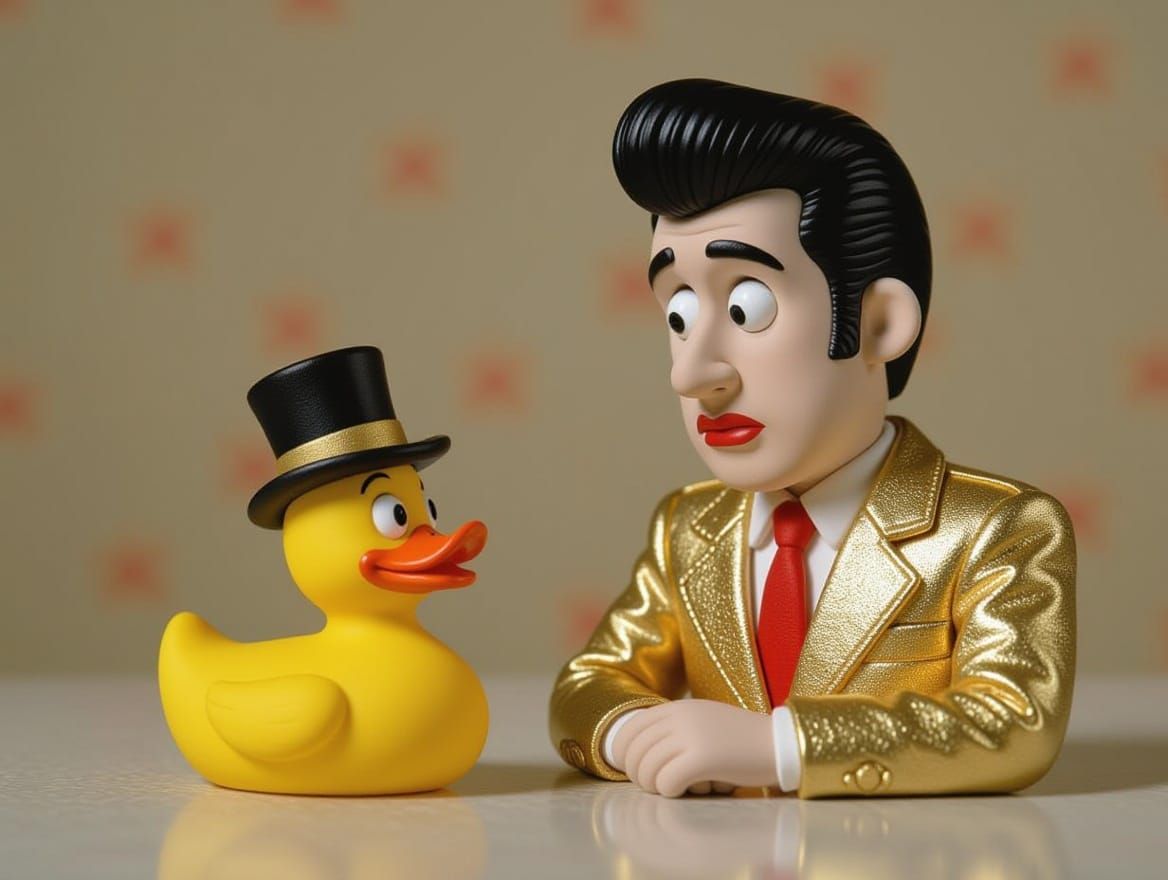Elvis Contemplates a Top Hat Duck in Claymation Style