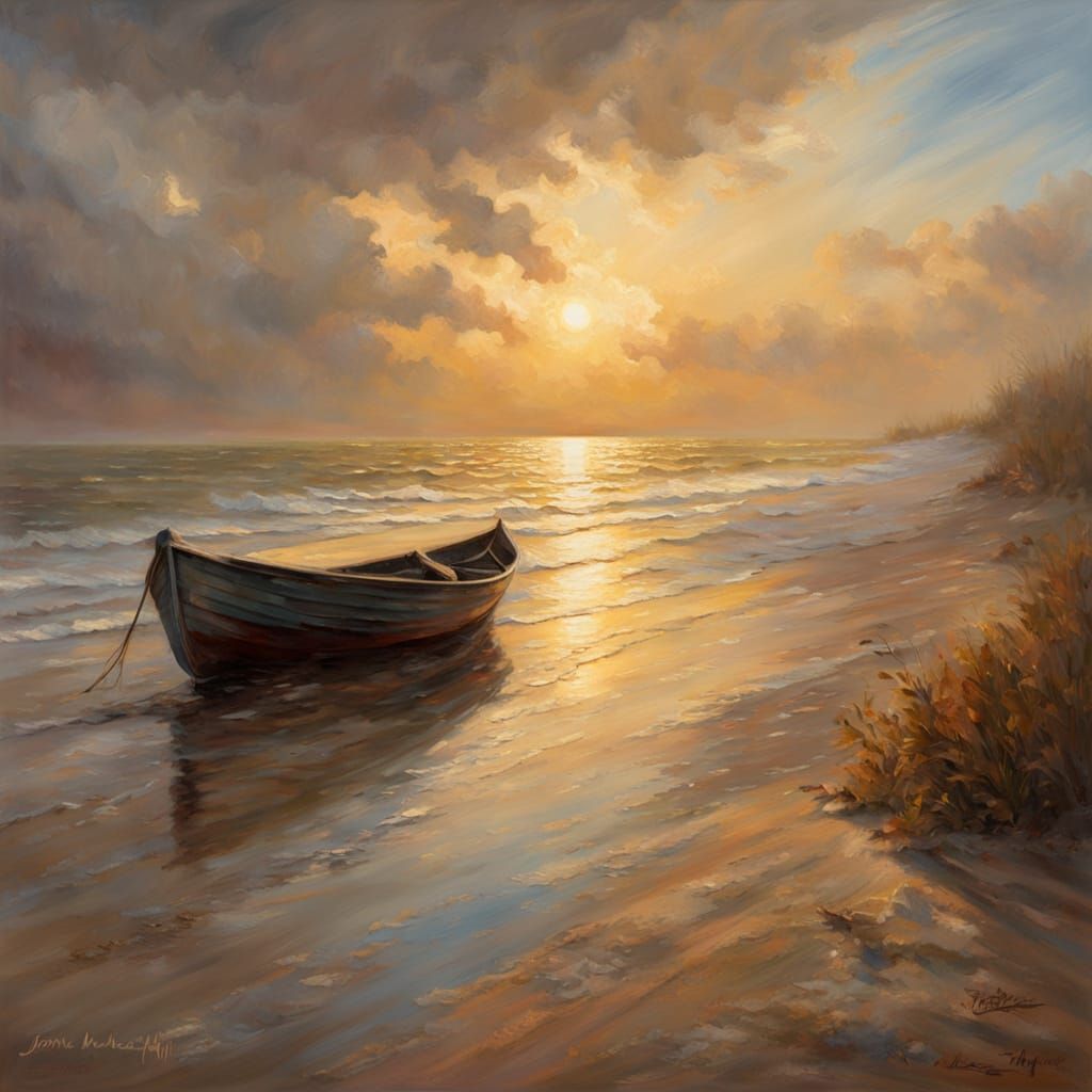 Impressionist Coastal Sunset with Old Wooden Boat