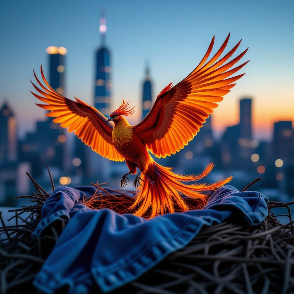 Majestic Phoenix Rises from Denim Nest in Twilight Cityscape