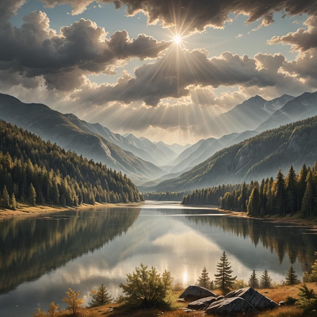 Serene Forest Landscape with Lake and Mountains