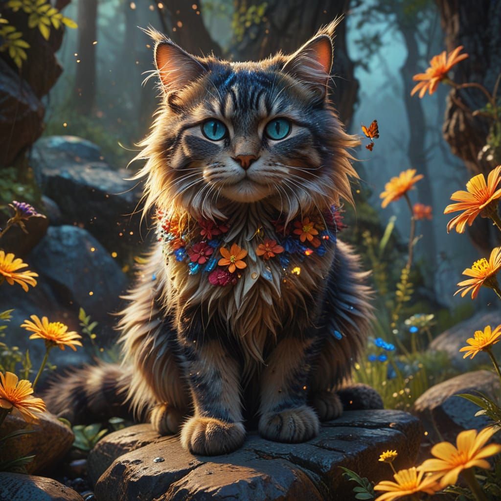 Whimsical Cat in Vibrant Woodland Wonderland