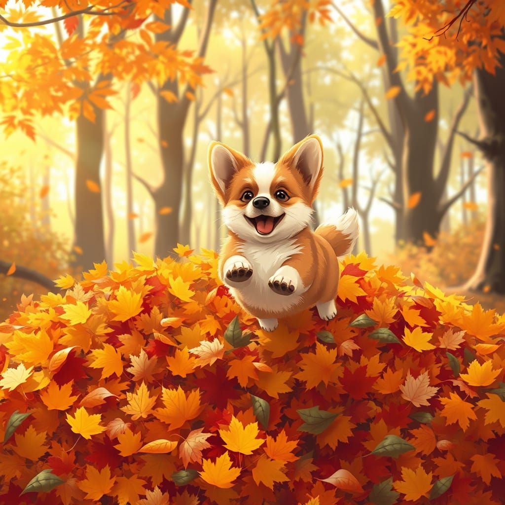 Fluffy Corgi Puppy Leaps Into Autumn Leaves