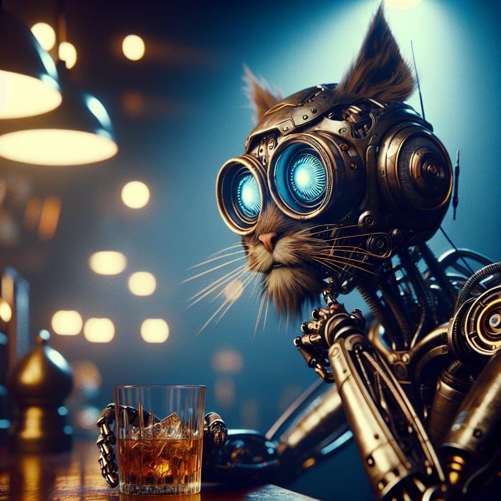 Steampunk Cat Cyborg Drinks Whiskey in Futuristic Pub