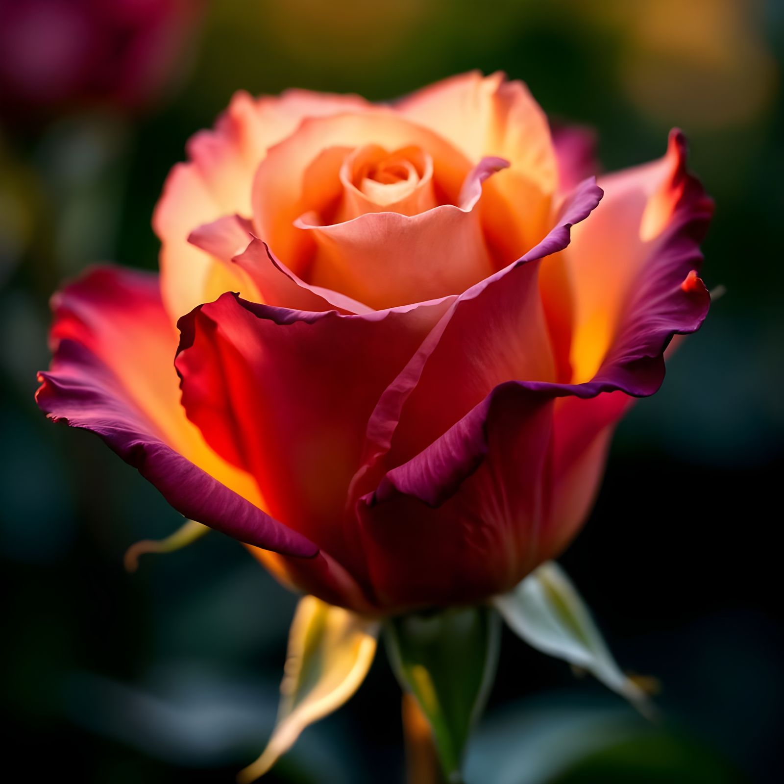 Perfect Rose in Crimson to Gold Bloom at Golden Hour