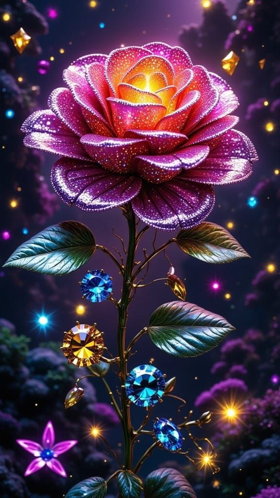 Surreal Fantasy Rose Blooms in Opulent Gemstones and Vibrant...