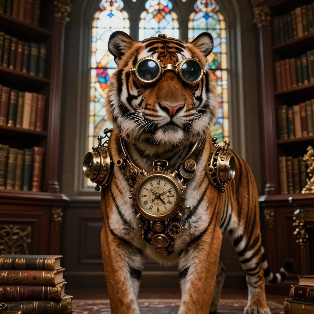 Steampunk Tiger in Victorian Library