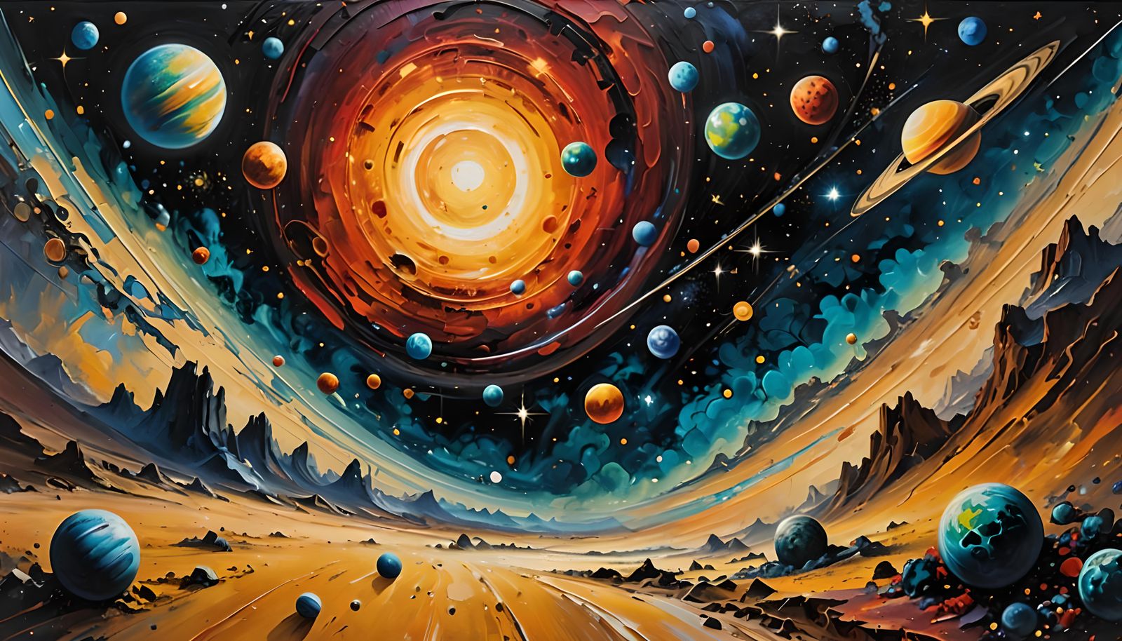 Abstract Expressionist Alien Landscape with Pillowy Galaxies