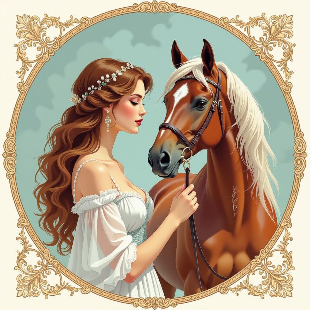 Centaur Woman and Horse in Detailed Gouache Painting