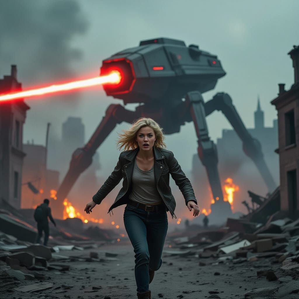 Terrified Woman Escaping Alien War Machine in Burning City