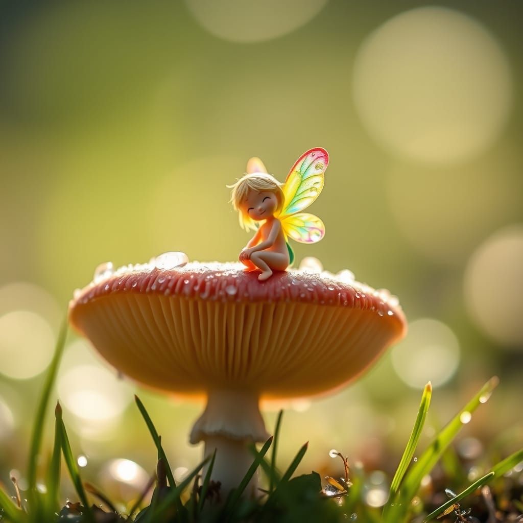 Whimsical Morning Fairy Sits on a Mushroom in Macro Style