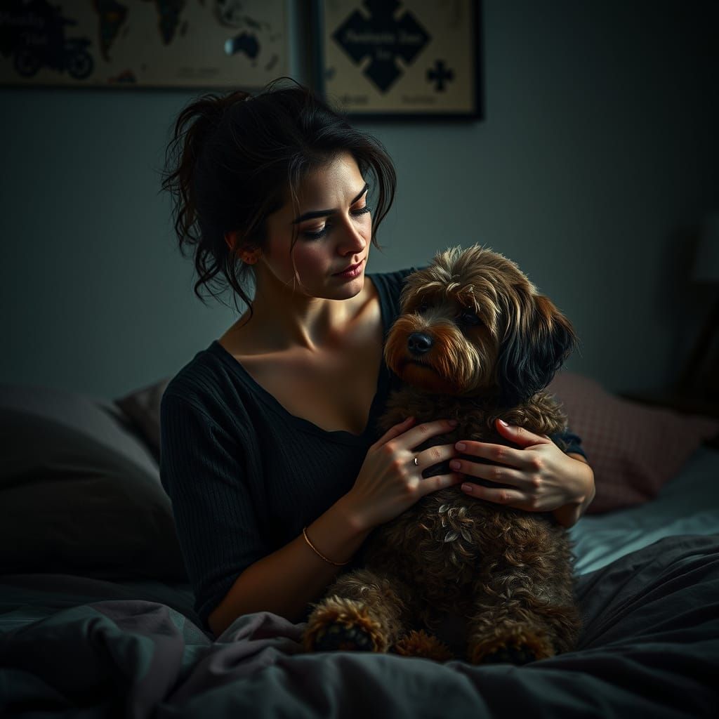 Heartbroken Woman Comforted by Dog at Night