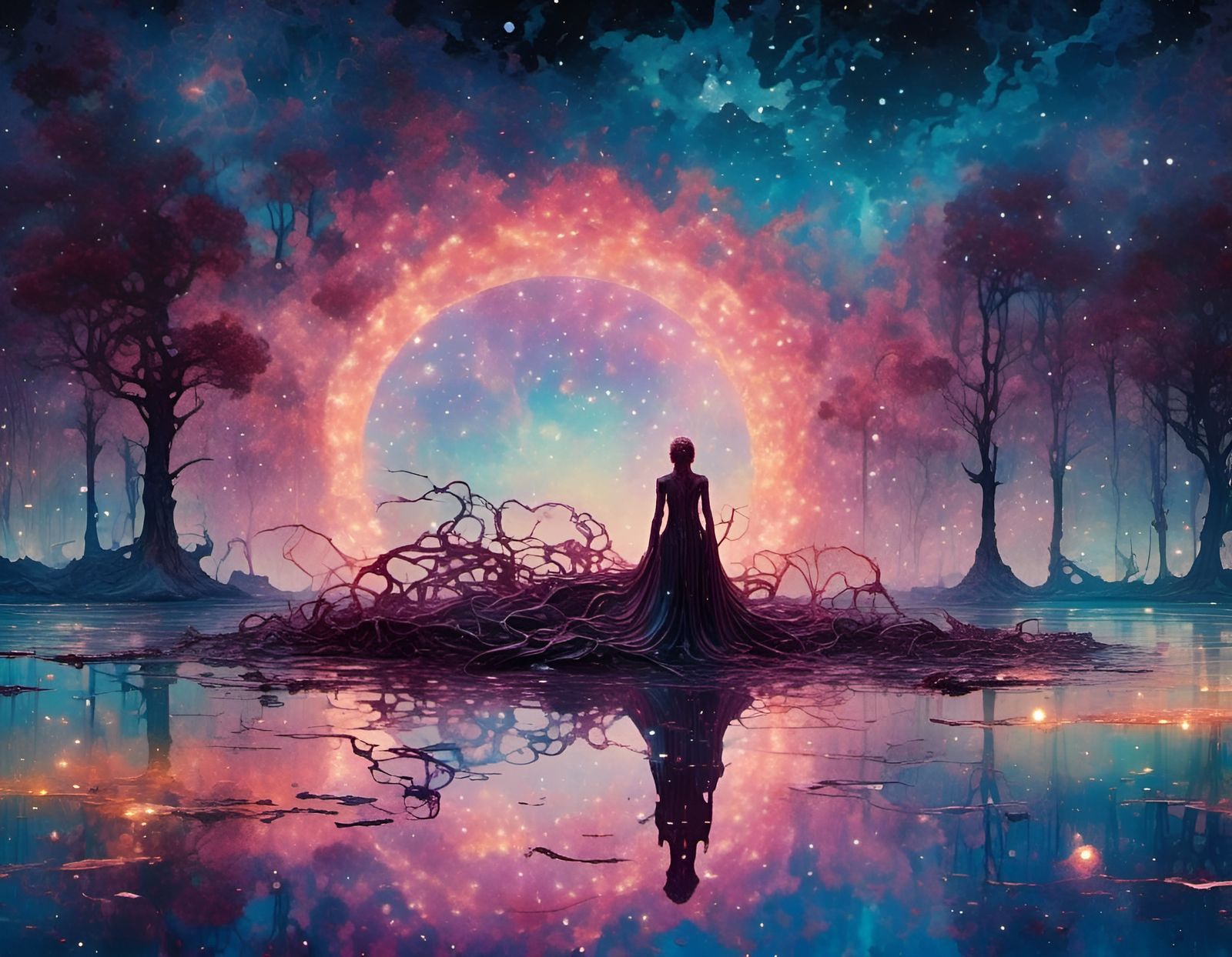 Luminescent Siren in Lotus Lake, Art Nouveau Style