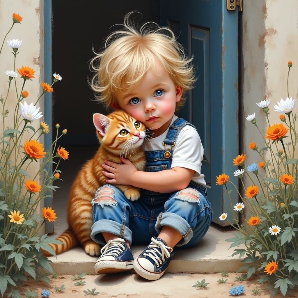 Impressionist Painting of Boy with Cat on Doorstep