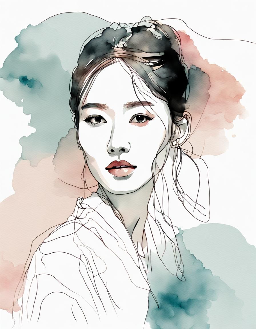 Minimalist One Line Art Portrait with Watercolor