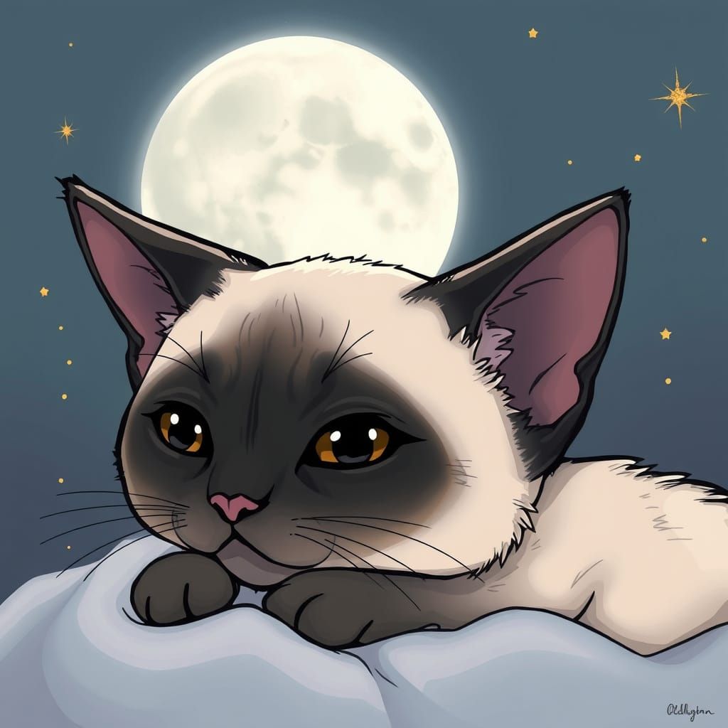 Gothic Whimsy Siamese Cat Under Silver Moon