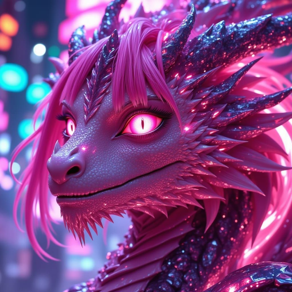 Glowing Female Dragon with Vibrant Pink Hair