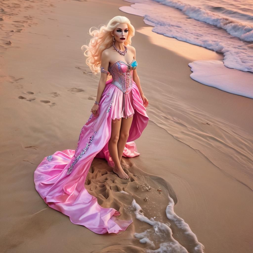 Glamorous Transvestite on Beach in Digital Art Style