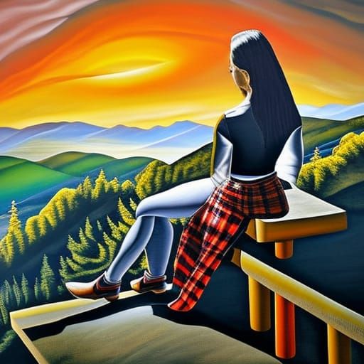 Woman on Bench with Mountain View in Surreal Style