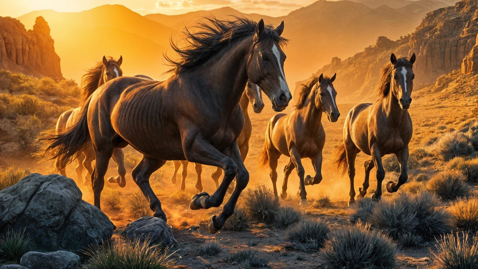 Majestic Wild Horses Galloping at Sunset in Ultra-High Resol...