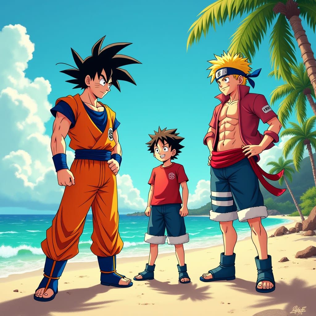 Goku, Naruto, and Luffy Training on the Beach