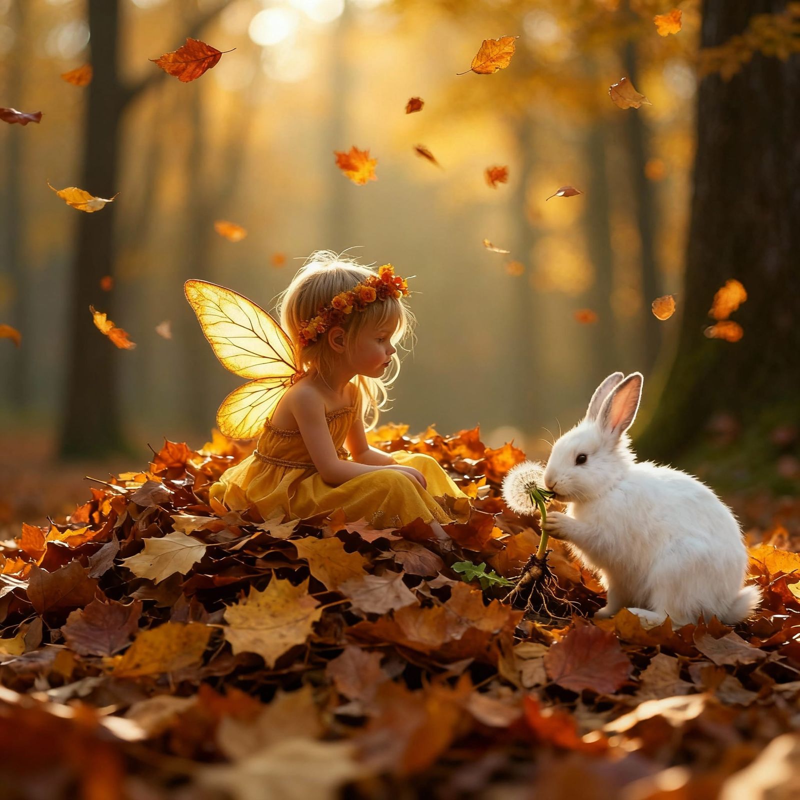 fusion of fairy on pile of autumn leaves and rabbit nibblin'...