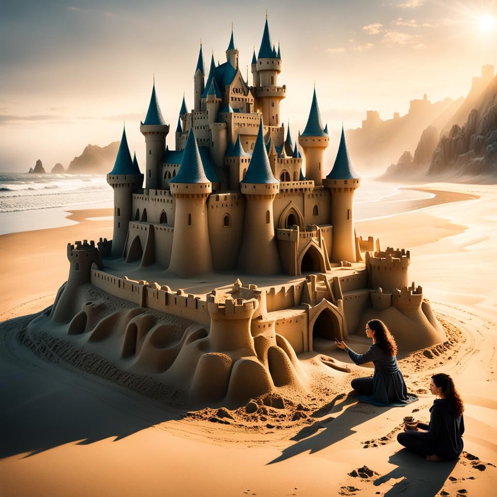 Hyperrealistic Sand Castle Creation at Golden Hour