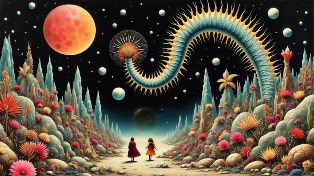 Surreal Extraterrestrial Landscape with Giant Caterpillar