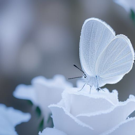White Butterfly on Rose in Winter Snow