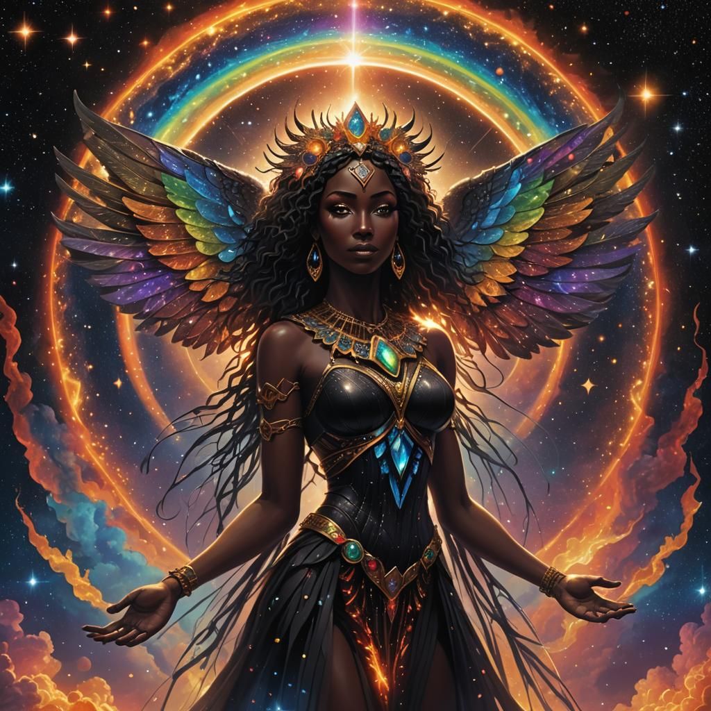 Radiant Black Goddess with Solar Flame Wings